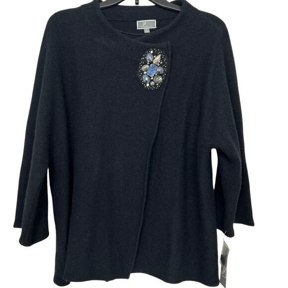 JM Collection Boiled Wool Sweater Jacket Black Broach Quiet Luxury L NWT - Picture 1 of 13